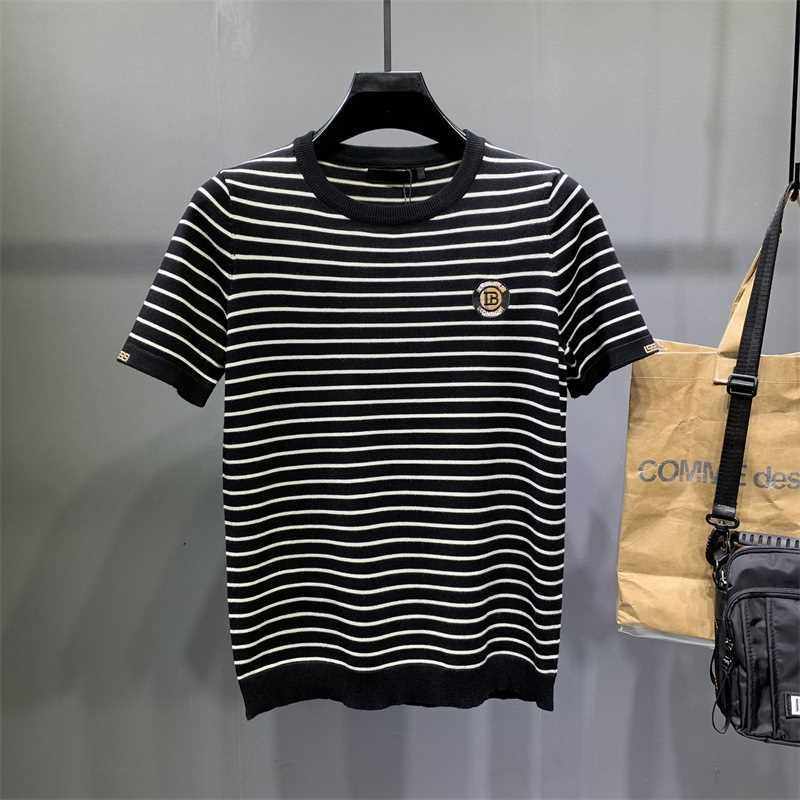 男士紧身条纹短袖毛衣2021秋冬打底加厚半袖潮牌半截袖圆领针织衫