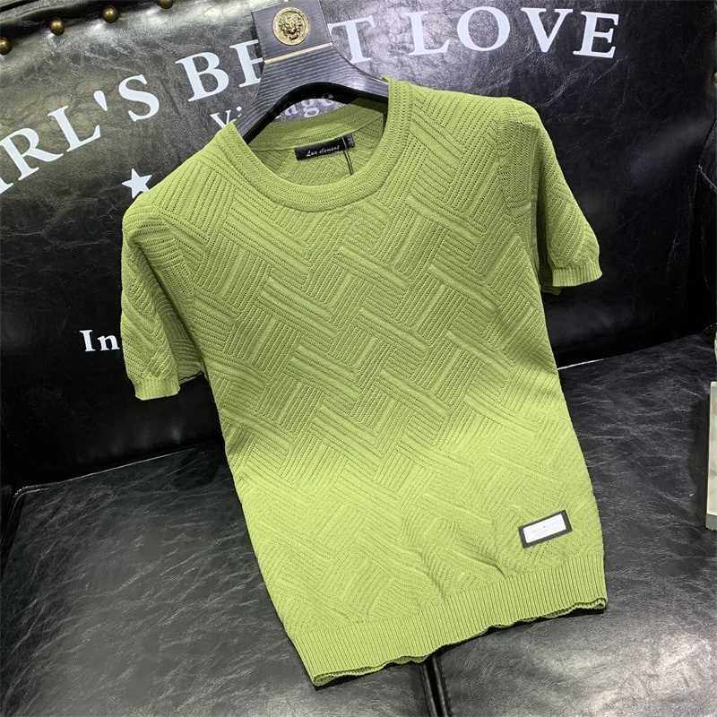 男士镂空冰丝短袖T恤夏季时尚潮流大码薄款圆领针织半袖打底衫帅