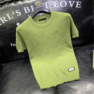 男士镂空冰丝短袖T恤夏季时尚潮流大码薄款圆领针织半袖打底衫帅