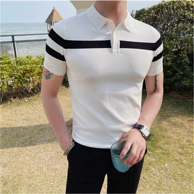 撞色冰丝polo衫男短袖夏季薄款时尚修身帅气翻领针织凉感痞帅t恤