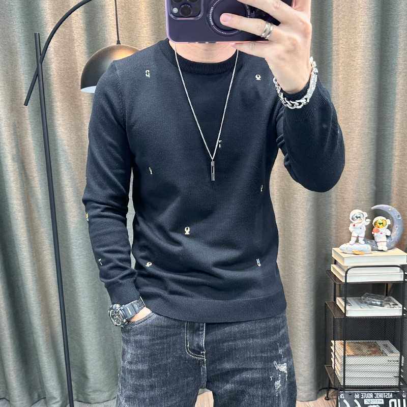 长袖针织衫男2023秋冬新款卡通刺绣圆领内搭打底衫毛线衣修身上衣