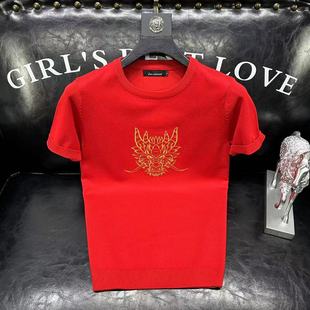 本命年红色针织衫短袖毛衣男2024新款情侣秋冬龙年高级感刺绣半袖