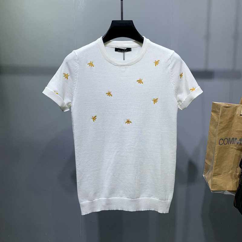 男士短袖毛衣刺绣圆领百搭简单款针织衫半袖秋冬季大码潮流男上衣