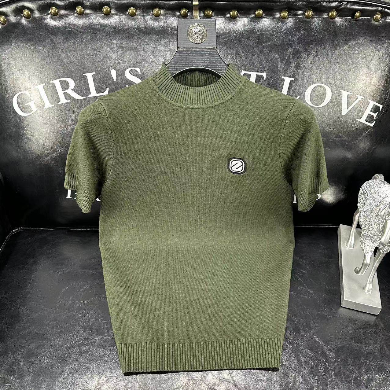 半高领短袖毛衣秋冬季男士简单字母刺绣大码针织衫潮牌半袖厚上衣