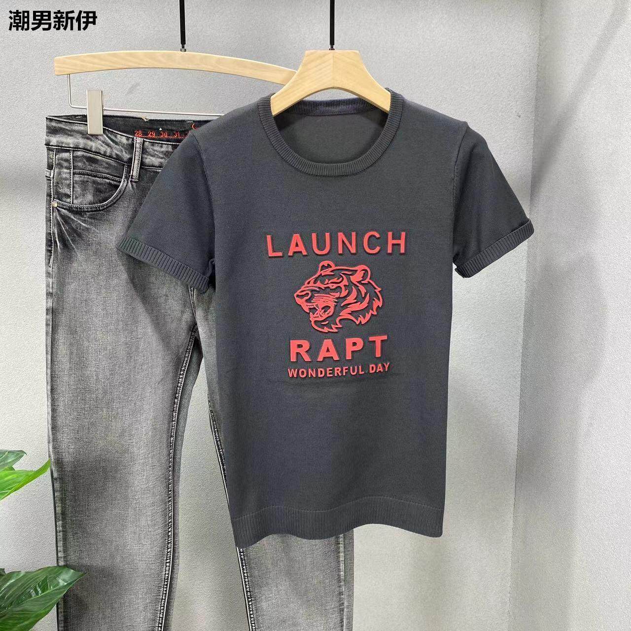 2021冬季短袖针织衫男士修身型半袖毛衣本命年红色虎年压花打底衫