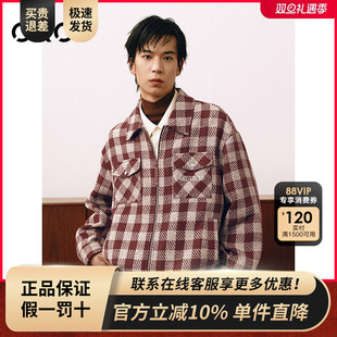 GXG男装 圣诞新年红色小香风棋盘格四合扣绣花夹克外套25年春新品