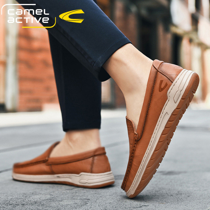 德国骆驼动感春季头层牛皮休闲皮鞋男真皮一脚蹬懒人鞋软底豆豆鞋