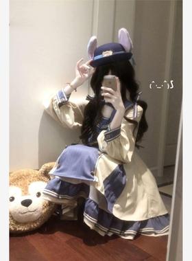 甜美雾蓝色海军领蝴蝶结长袖OP连衣裙洋装花嫁洛丽塔蓬蓬裙公主裙