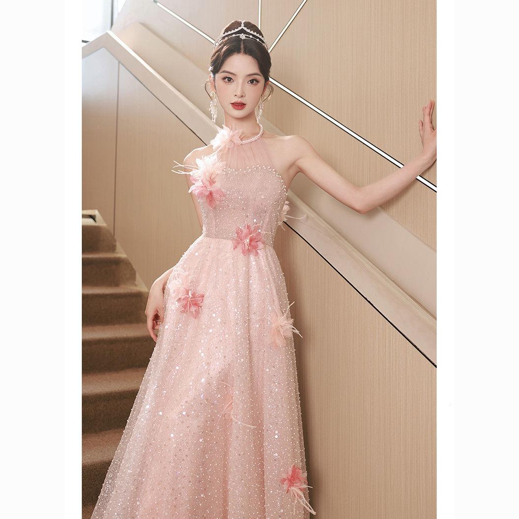 粉色晚礼服女2025新款轻奢小众宴会气质高级感主持人艺考平时可穿