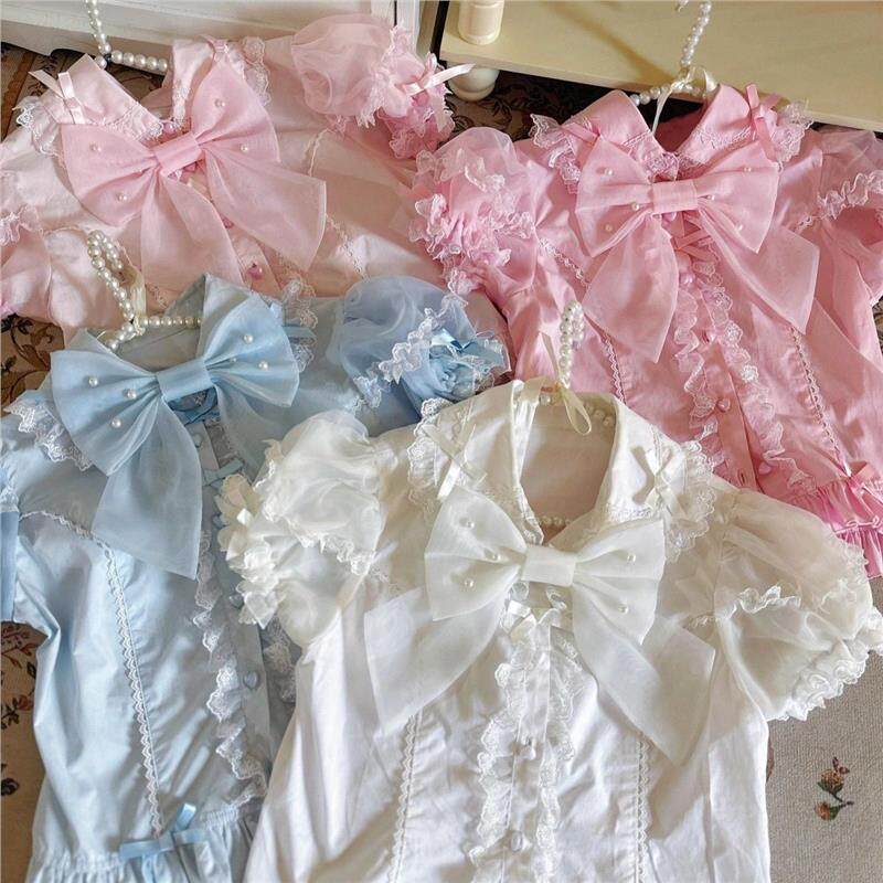 草莓秘境纯棉Lolita百搭短袖衬衫甜美蝴蝶结泡泡袖洛丽塔内搭日常