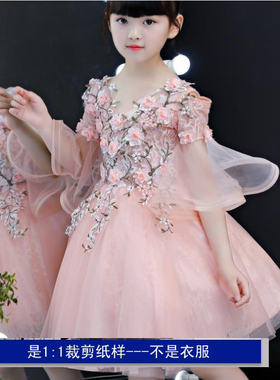 纸样夏季女童粉色花仙子钢琴演出服2019新款童装连衣裙公主裙图纸