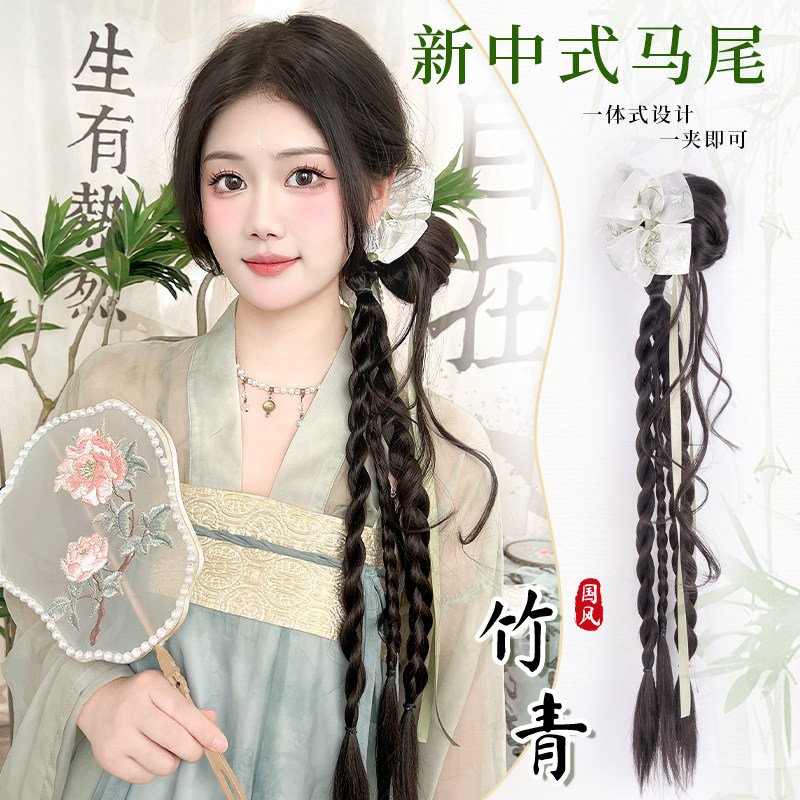 新中式丸子头假发女古风花苞龙须抓夹侧马尾蝴蝶结盘发仿真发发簪