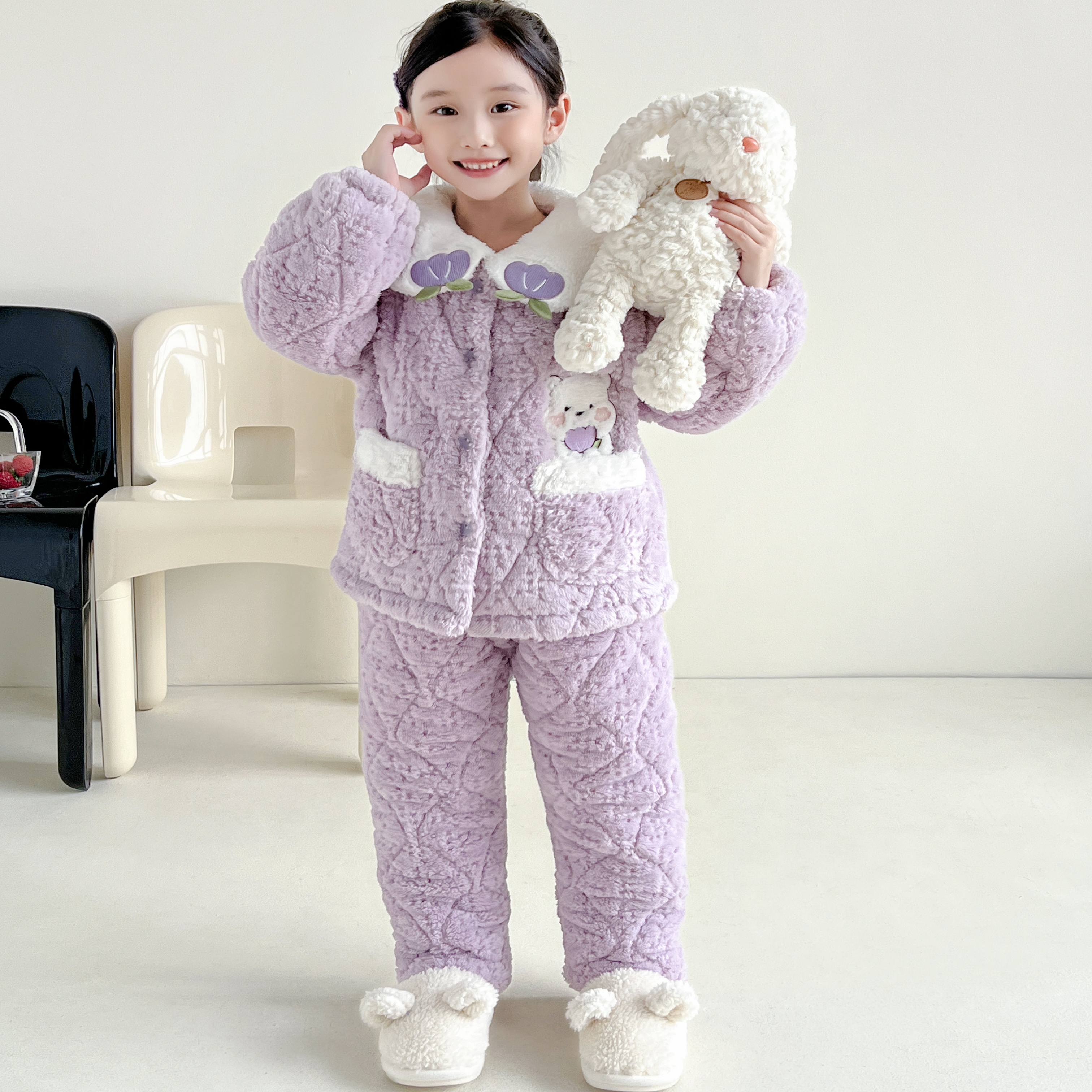 冬季宝宝女孩三层夹棉法兰绒儿童睡衣女童加厚套装家居服公主保暖
