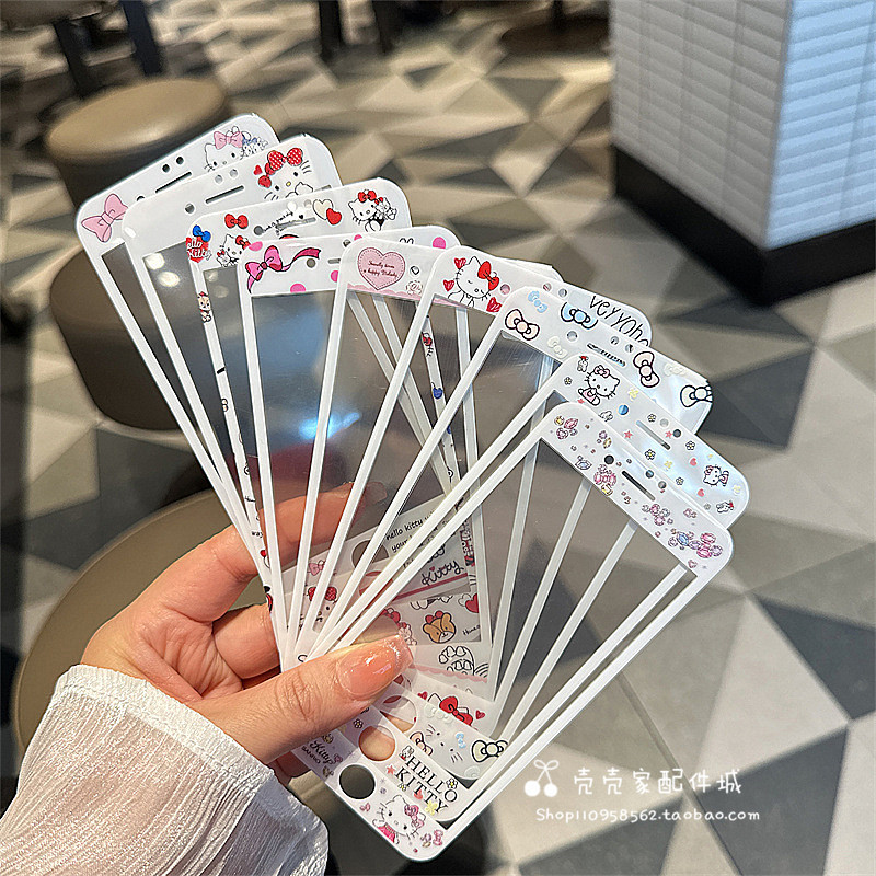 卡通kt猫适用iPhone8plus手机膜苹果7/8可爱彩膜6sp钢化玻璃6plus全屏浮雕美乐蒂se23防摔保护膜创意新款女