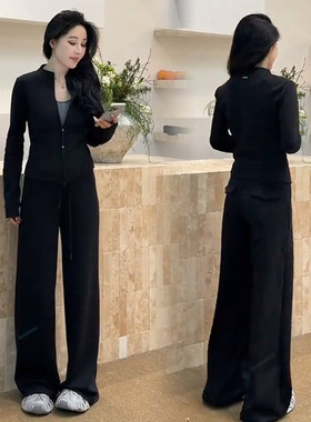 休闲运动套装女2026春季新款洋气显瘦立领开衫外套阔腿裤两件套潮