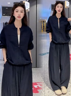 休闲运动套装女春季新款宽松显瘦抽绳长袖开衫外套阔腿裤两件套潮