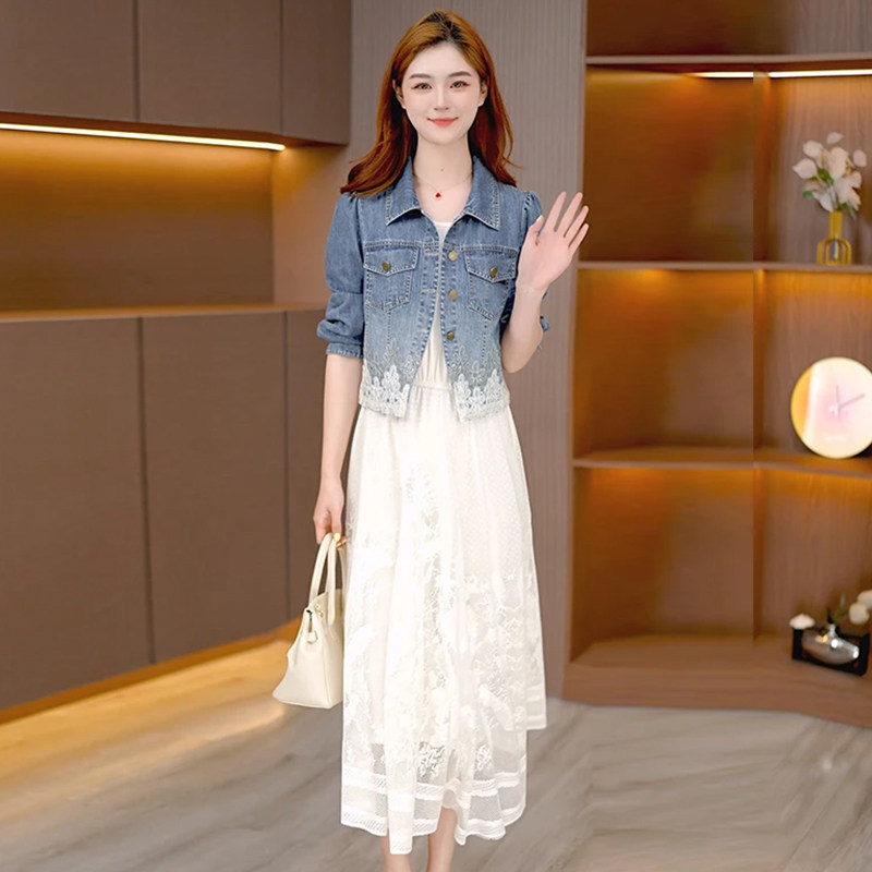 时尚连衣裙套装女春季新款洋气显瘦蕾丝花边牛仔外套背心裙两件套