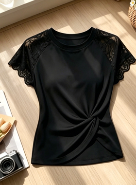 时尚蕾丝拼接扭结设计感短袖t恤女夏新款减龄独特漂亮出片上衣潮