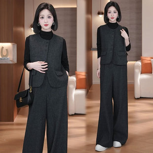 时尚套装女2025秋季新款宽松显瘦洋气马甲打底衫阔腿裤气质三件套
