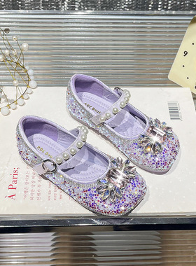 紫色女童皮鞋春秋儿童粉色公主鞋宝宝单鞋小女孩洋气水晶鞋跳舞鞋