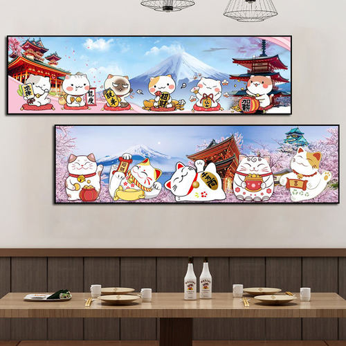 招财猫挂画日本料理寿司店和风餐厅日式装饰画浮世绘鲤鱼酒屋壁画