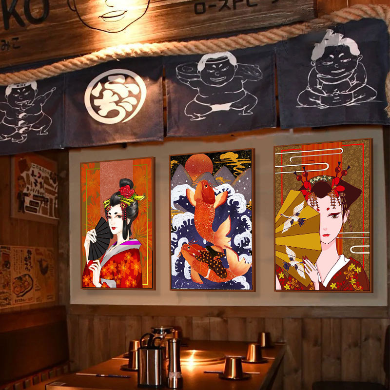 日式挂画和风日本寿司料理店墙面仕女图壁画浮世绘仙鹤锦鲤装饰画