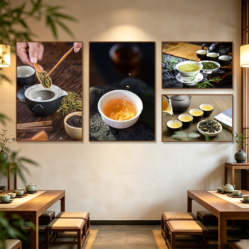 中式茶叶店墙面装饰画禅意茶馆茶文化背景墙挂画茶室茶园茶具壁画