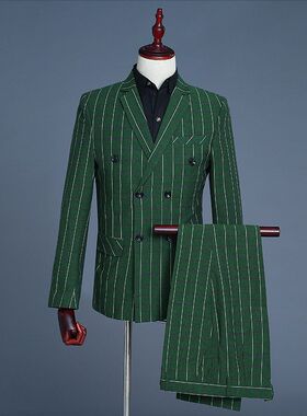 男士绿色格子款新郎伴郎礼服双排扣演出西服套装主持司仪影楼主题