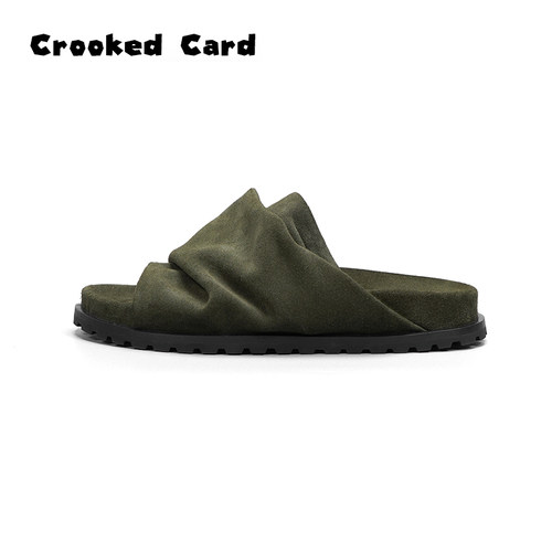 Crooked Card 三边直牛反绒一脚蹬勃肯拖鞋女真皮男士拖鞋2025潮