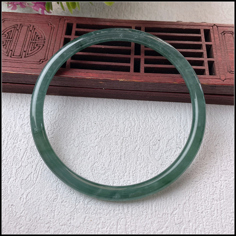 57圈口天然翡翠A货手镯冰糯蓝水油青色细圆条叮当镯玉镯子女