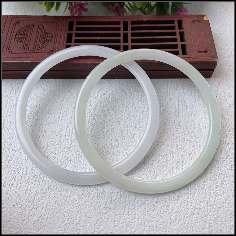 58圈口天然缅甸翡翠A货手镯冰润淡色细条叮当镯对镯玉镯子女