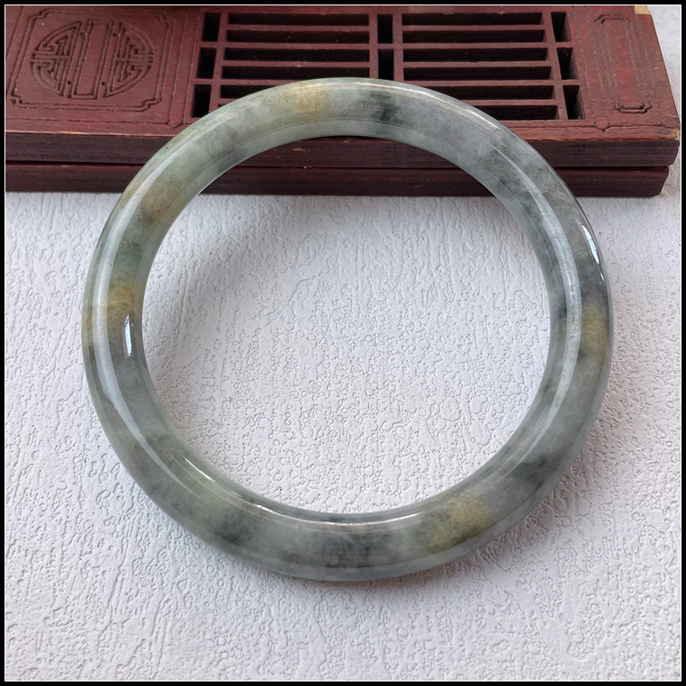 58圈口天然缅甸翡翠A货手镯冰糯种圆条乌鸡灰飘黄玉镯子女