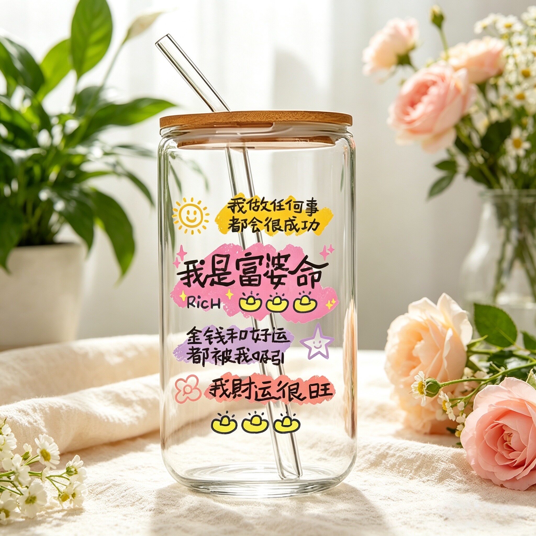 自带富婆命好运玻璃杯ins网红水杯女家用办公室茶杯吸金聚财杯子