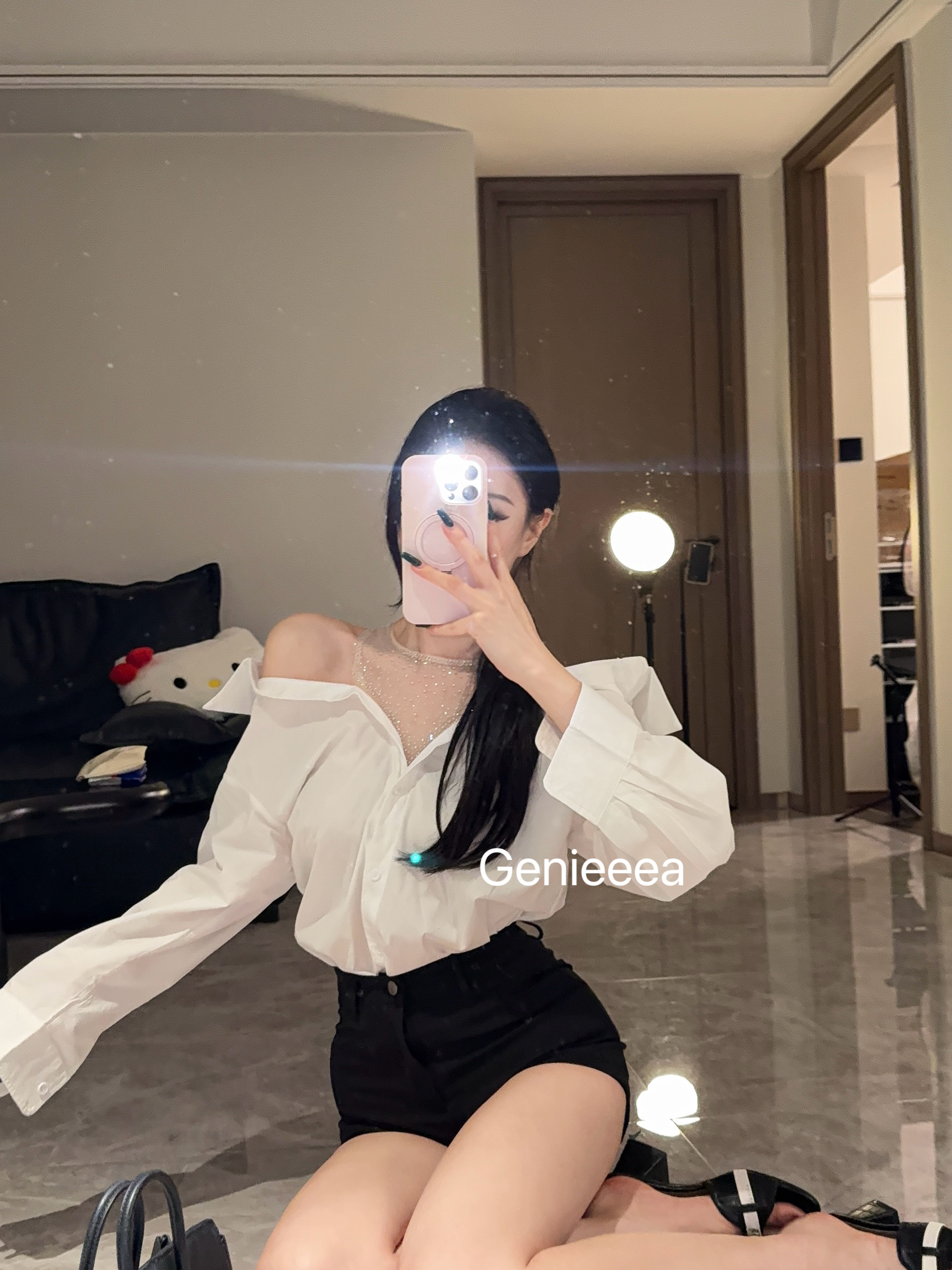 Genieeea吉妮的宝藏 高智姐姐闪钻网纱假两件露肩衬衫短裤套装