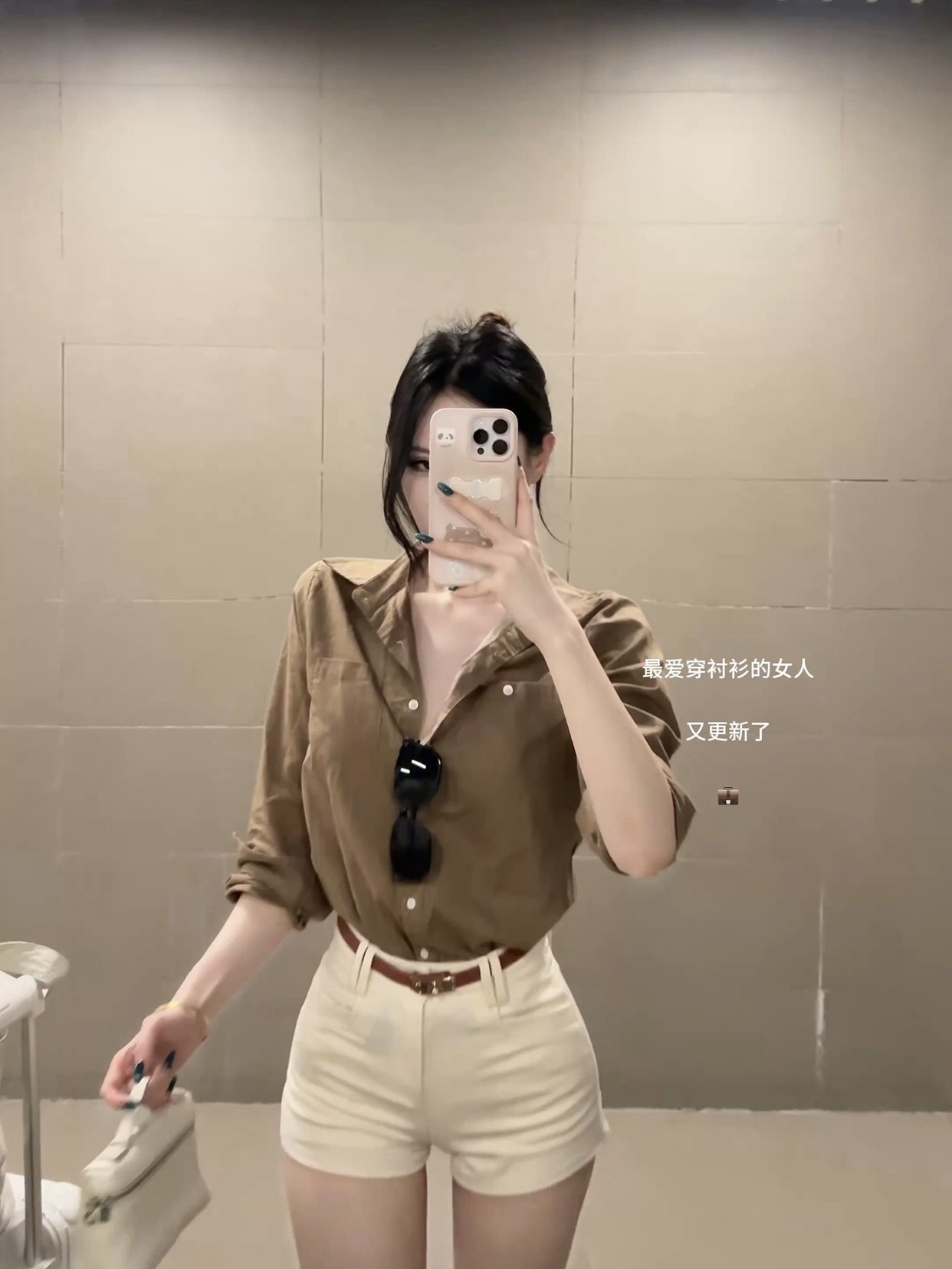 Genieeea吉妮的宝藏 韩女曲线卡其色polo领长袖衬衫高腰休闲短裤