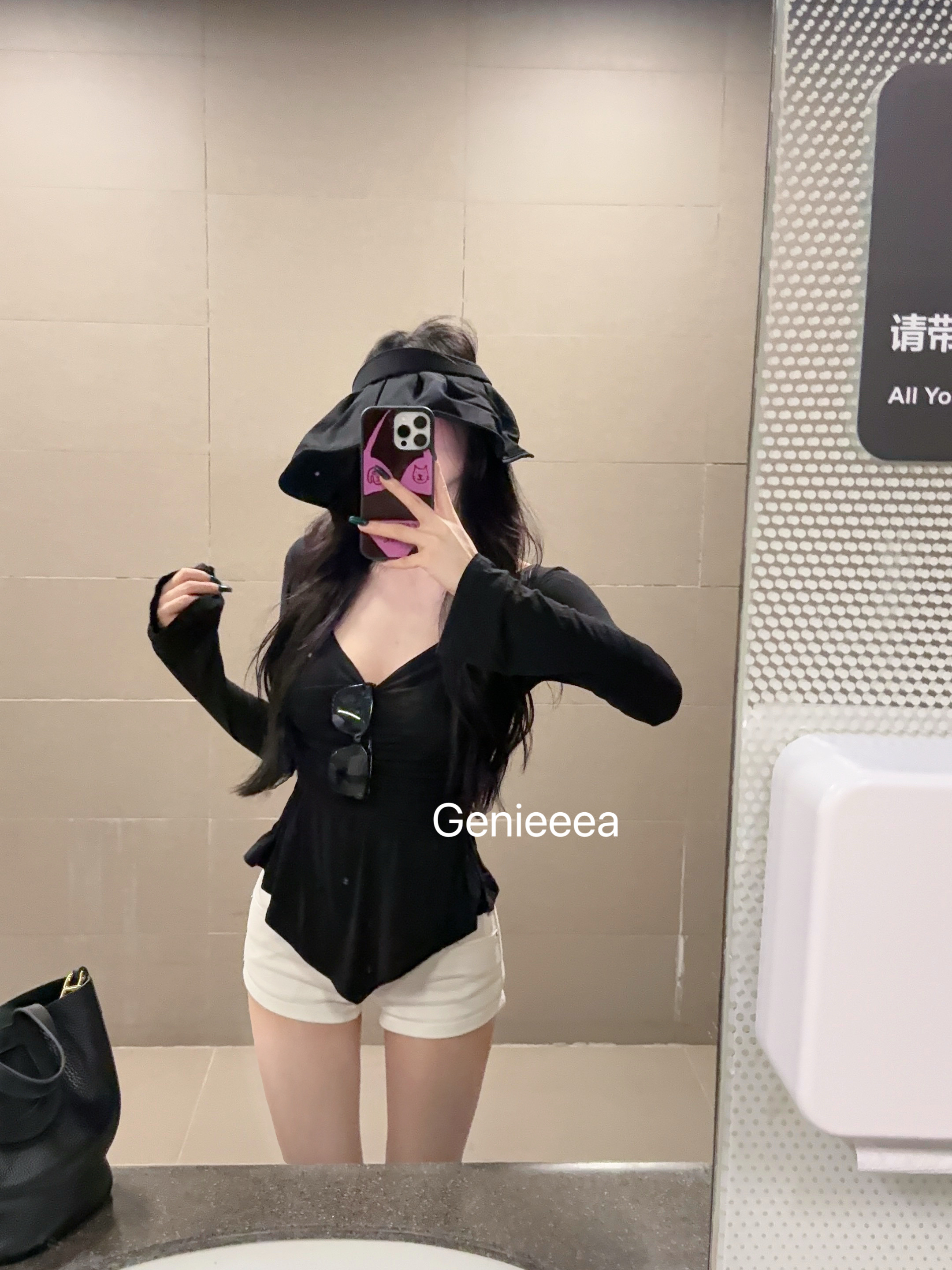 Genieeea吉妮的宝藏 性感V领收腰百褶长袖T恤显身材纯色上衣