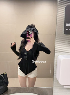 Genieeea吉妮的宝藏 性感V领收腰百褶长袖T恤显身材纯色上衣