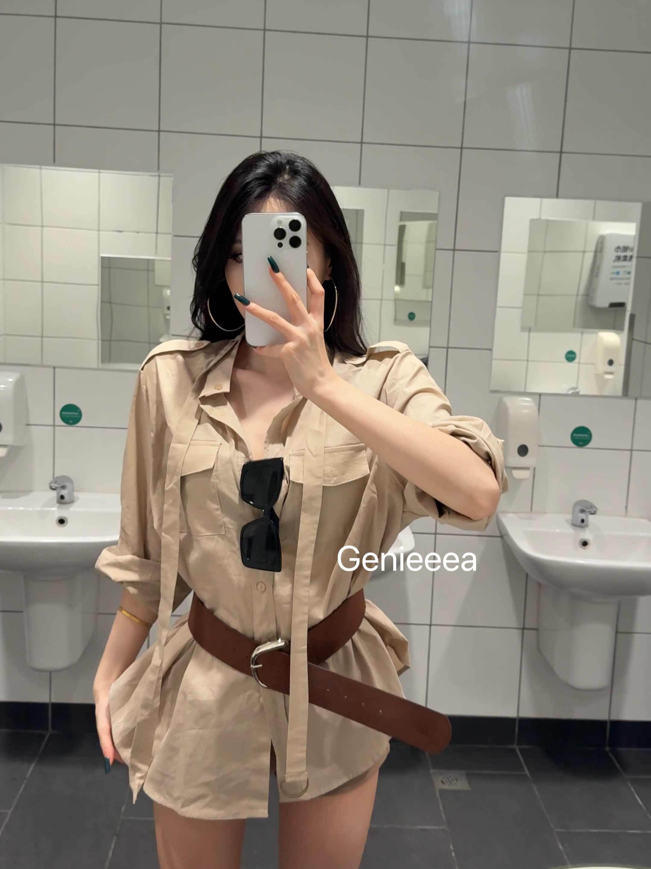 Genieeea吉妮的宝藏 卡其色苎麻系带腰带宽松姐感长袖衬衫