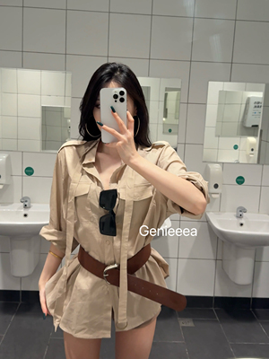 Genieeea吉妮的宝藏 卡其色苎麻系带腰带宽松姐感长袖衬衫