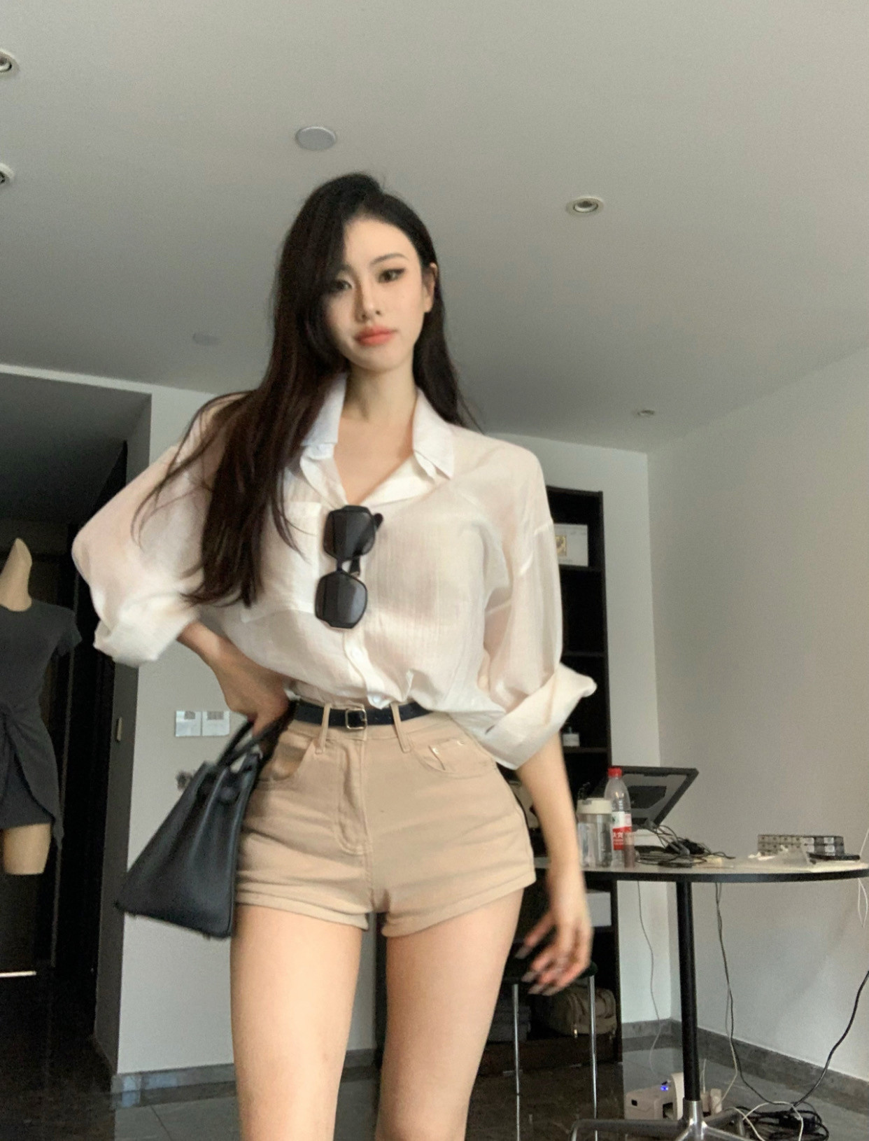 Genieeea吉妮的宝藏 透视视慵懒风白色薄款衬衫宽松休闲衬衫套装