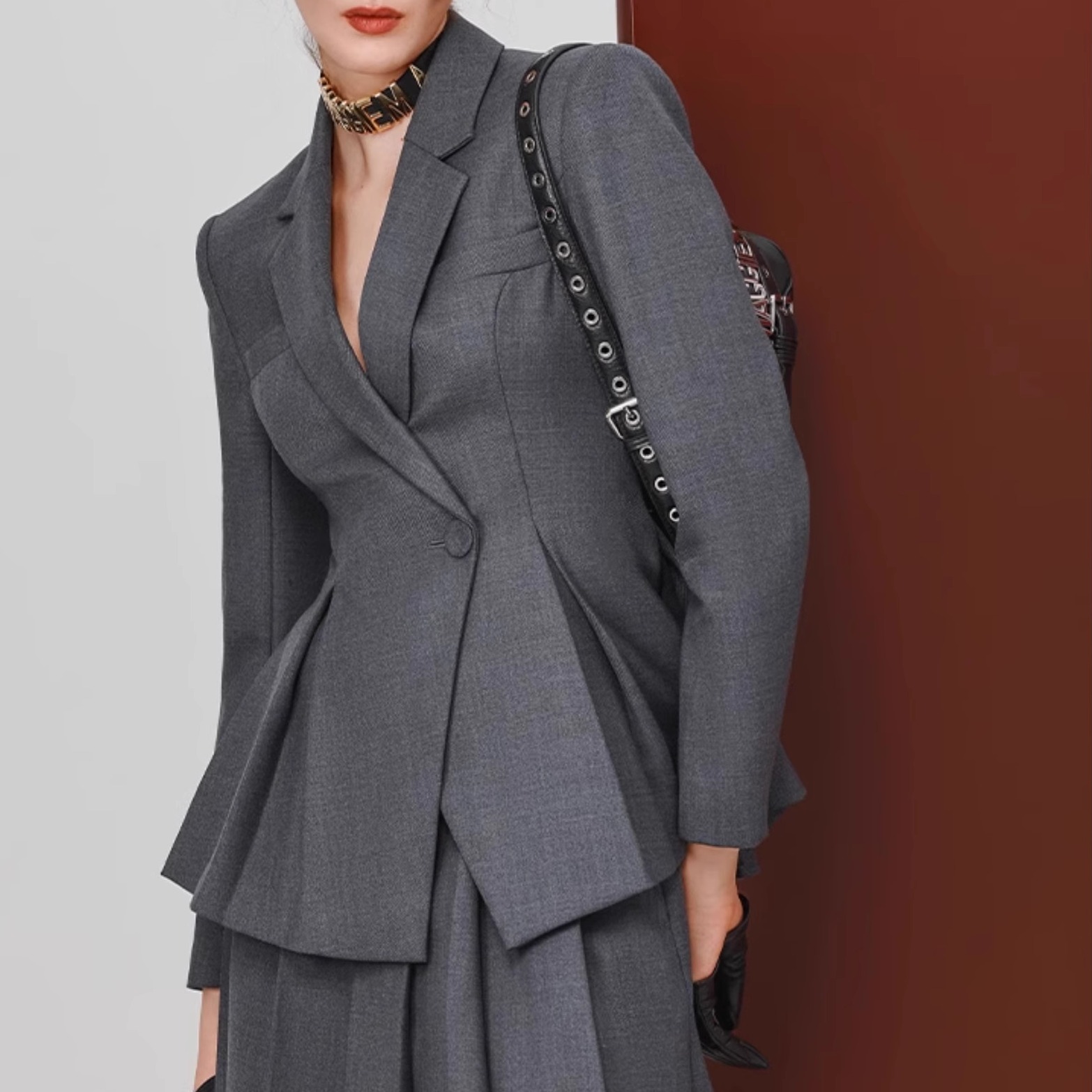 御姐气质套裙灰色OL通勤两件套女