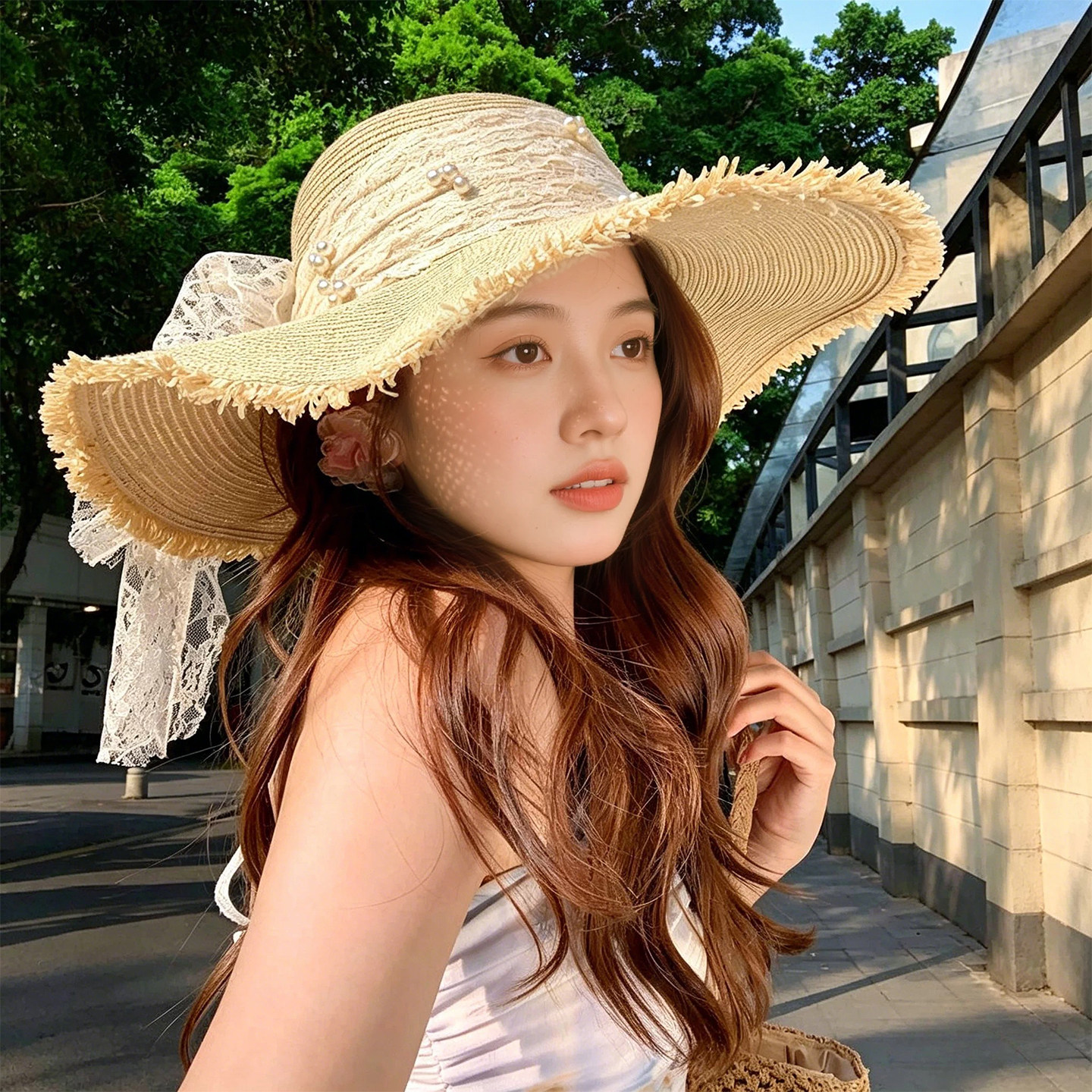 法式蕾丝防晒草帽夏季大帽檐显脸小防紫外线海边出游遮阳帽