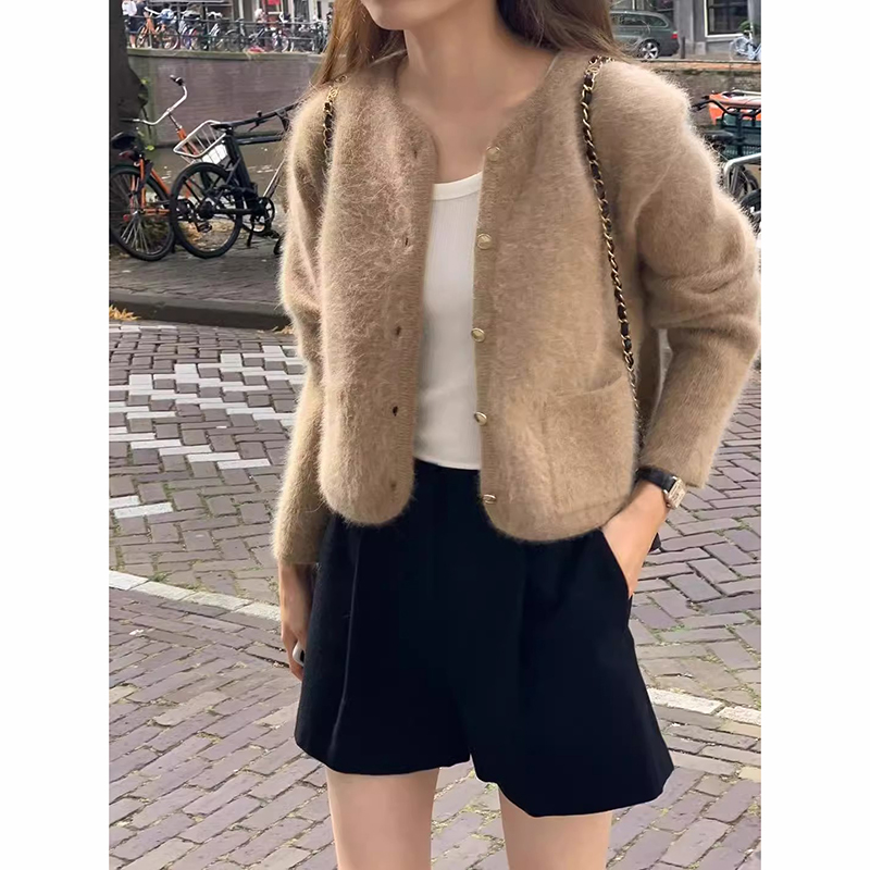 韩国东大门代购2024秋季ounce-A柔软百搭单排扣短款羊毛针织开衫