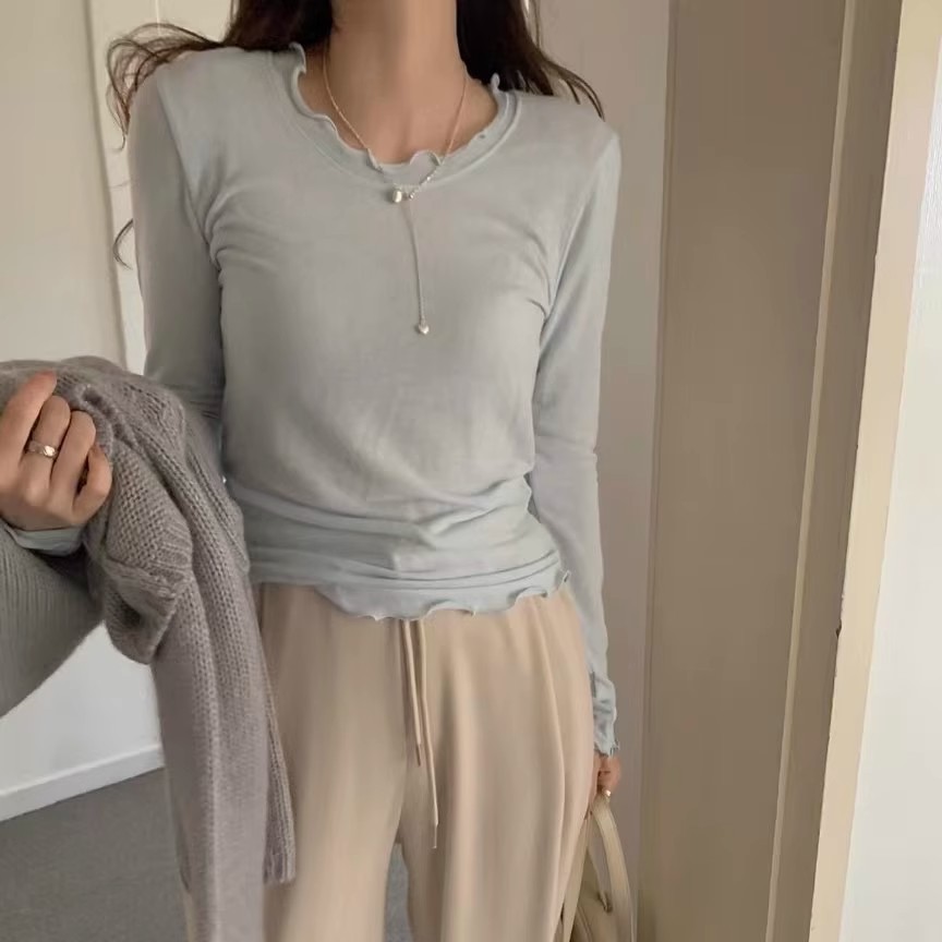 现 韩国东大门代购2025秋款浪漫波纹边长袖打底衫T恤女质感女装