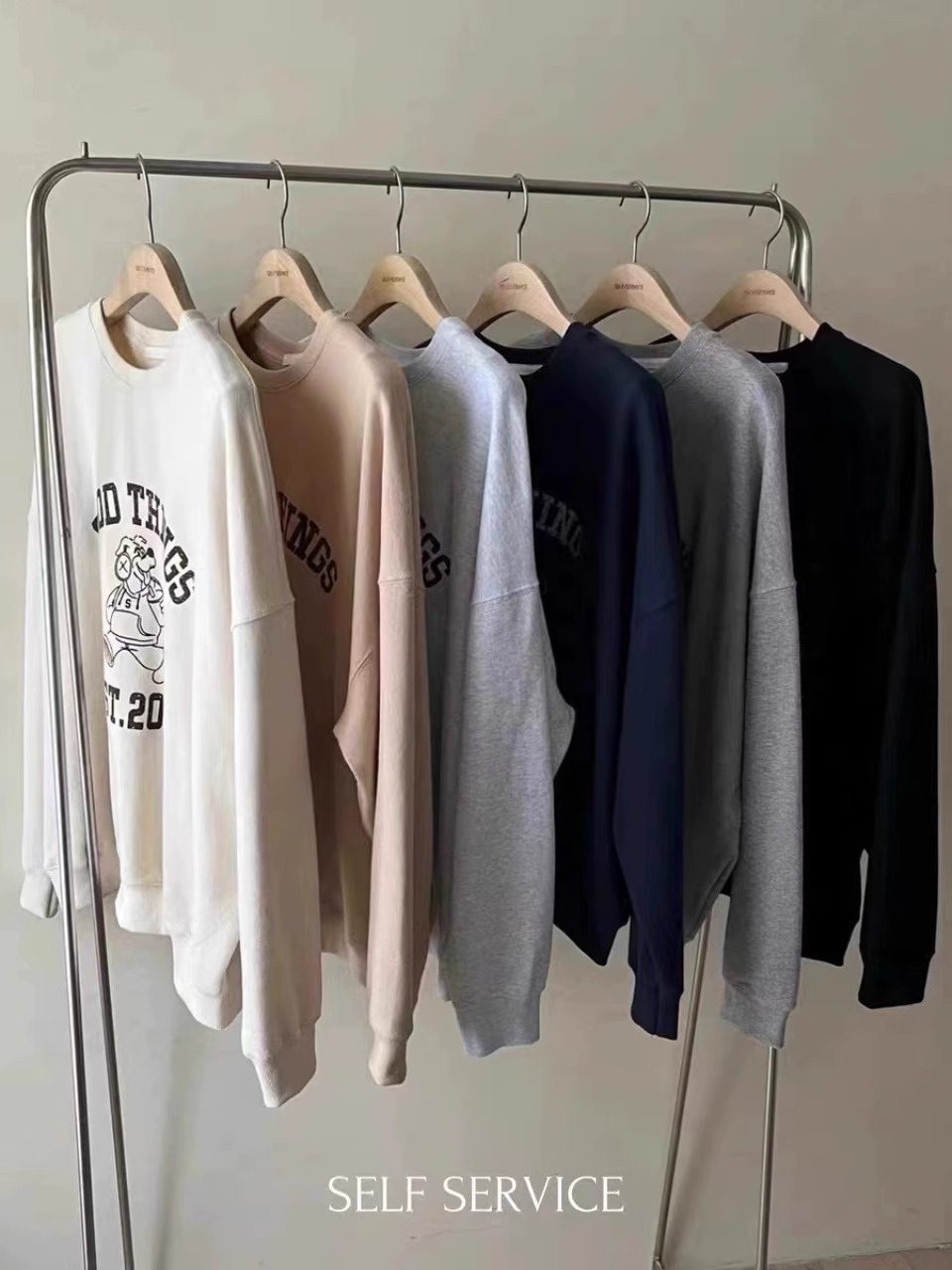 现 韩国东大门代购2024秋款self service-a圆领字母小狗宽松卫衣