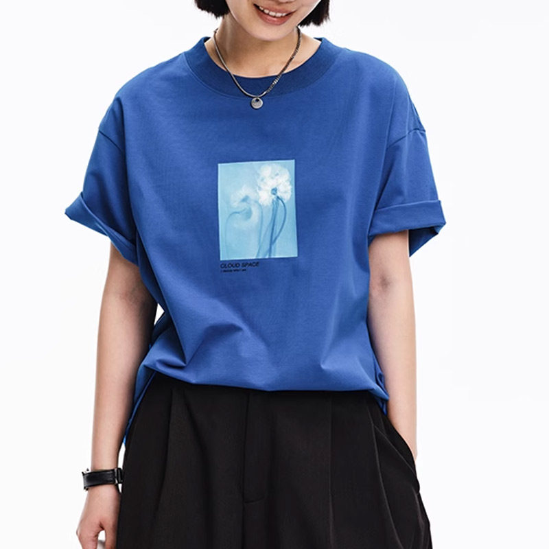 CLOUDSPACE女装设计款艺术剪影花卉印花短袖T恤两色可选夏