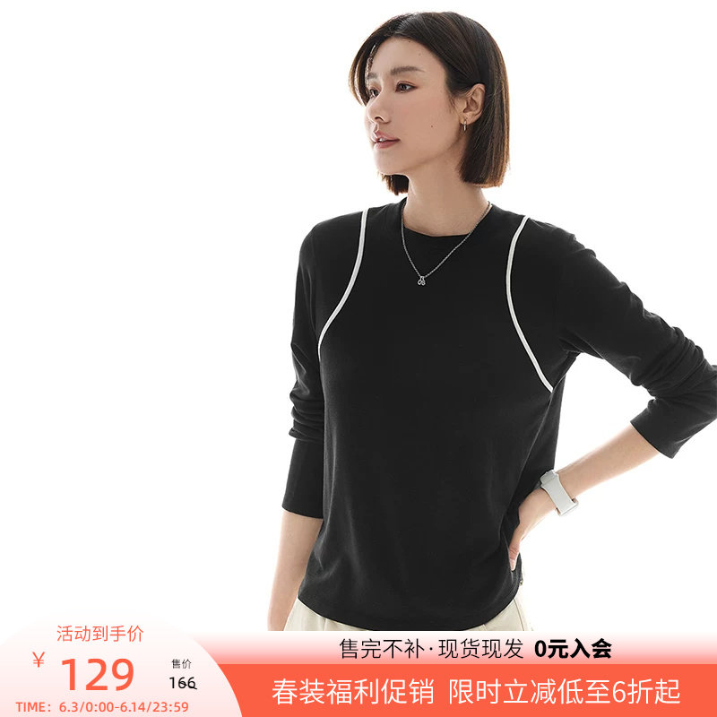 CLOUDSPACE【黑白织带T】撞色嵌条短款长袖女T恤春季简约显瘦上衣