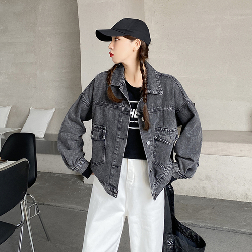 Actual photo smoke grey Denim Jacket Women's loose 2022 spring new retro Hong Kong style jacket denim