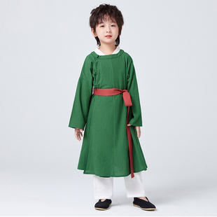 春秋大氅棉麻圆领袍长裳男童宋制中国古装 小中大童 儿童汉服少爷装