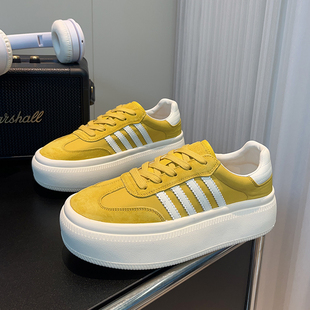 黄色德训鞋女款厚底2026年超火夏天新款透气百搭休闲运动真皮板鞋